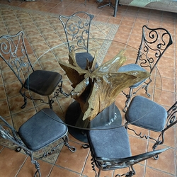 Massive oak table covered with glass, with hand forged table stand and chairs – luxury furniture Massive oak table covered with glass, with hand forged table stand and chairs – luxury furniture