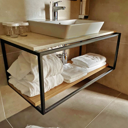 Modern bathroom shelf under the sink – a combination of metal and wood – simple design