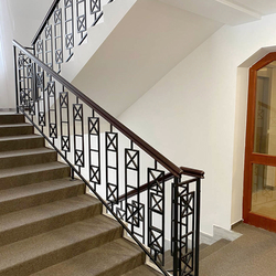 Modern staircase railing in the interior of Tatra Hotel Bellevue  metal railing in 7-story building