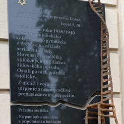 Commemorative plaque made for the Empty Chair project at the Evangelical United School in Preov, Slovakia