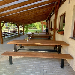 Garden benches and tables on the caf terrace by the pond