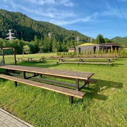 Garden benches and tables for events and camps at the Ranch in Krova Lehota