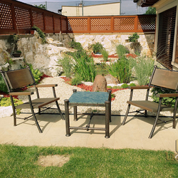 Luxusné záhradné sedenie - stôl a stoličky z prírodných materiálov - kov, drevo, kameň